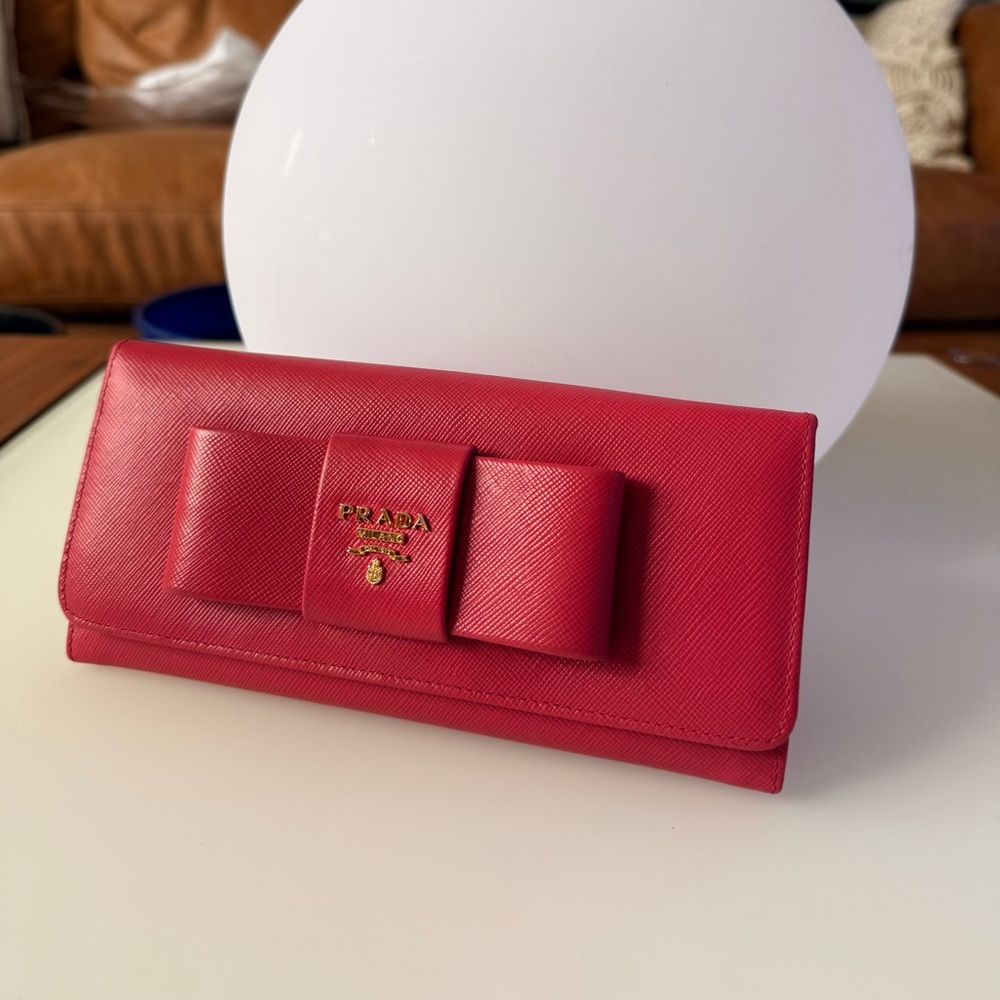 Authentic Prada Pink Peony Saffiano Bow Wallet